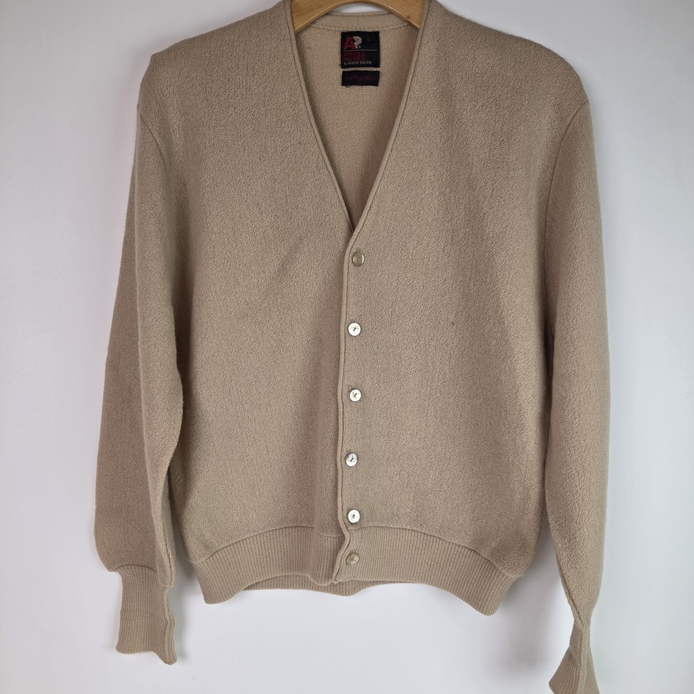 Vtg Arnold Palmer Robert Bruce Wool Grandpa Cardigan Sweater Mens Tan Size L